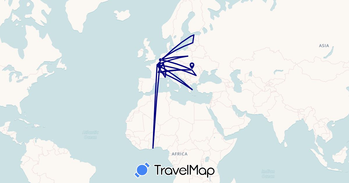 TravelMap itinerary: driving in Belgium, Estonia, France, Ghana, Greece, Italy, Luxembourg, Latvia, Poland, Romania (Africa, Europe)